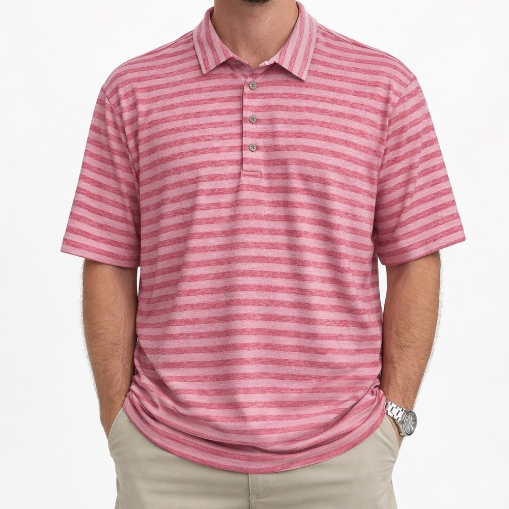 Roundtree & Yorke Performance Mens XL Polo Shirt Pink Striped Short Sleeve Golf